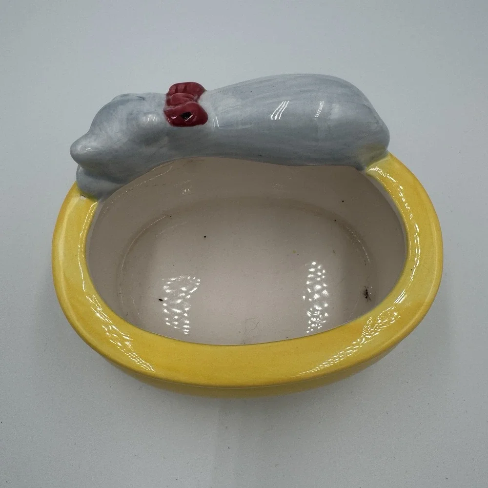 Ceramic Sleeping Gray Cat Planter Trinket Dish Yellow Bowl Red Bow Kitty Decor